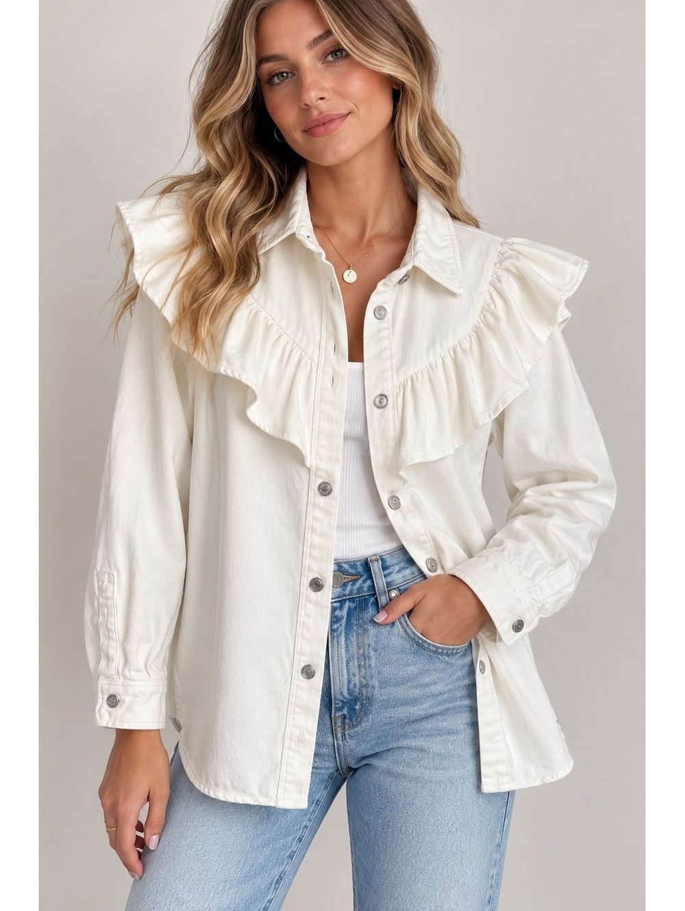 ZARA White Denim Ruffle Western Shirt Jacket Shacket Size M